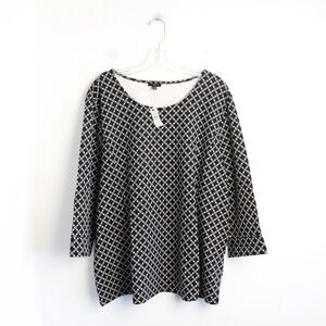 NWT Talbots Top black geometric print 3X cotton pearl button cuffs classic work